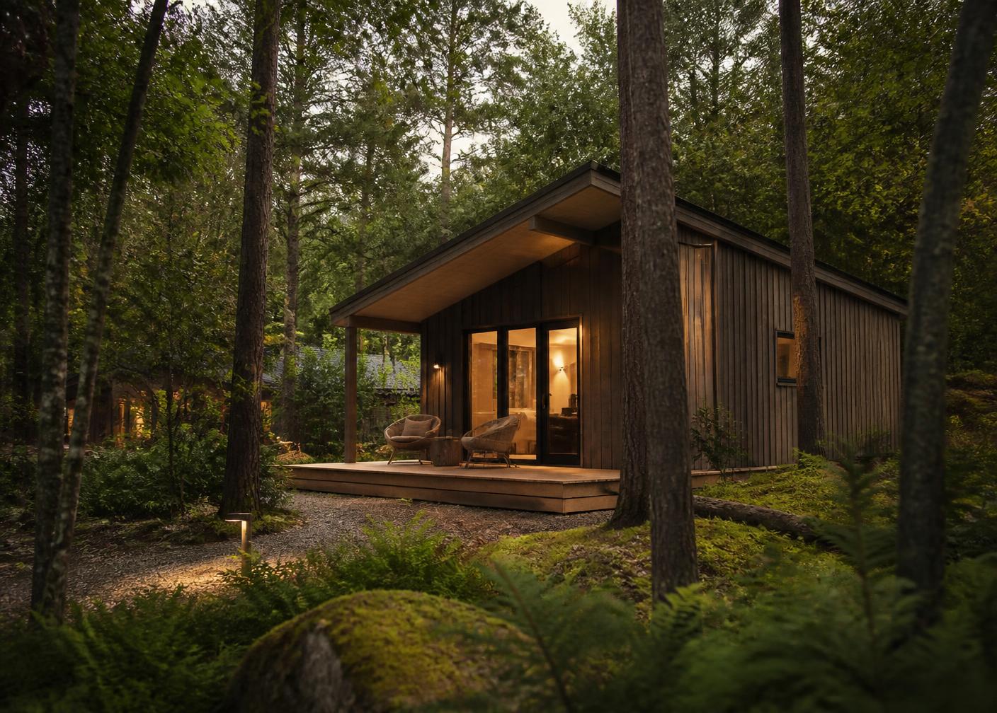 Verlichte bosbungalow bij schemering tussen de bomen
